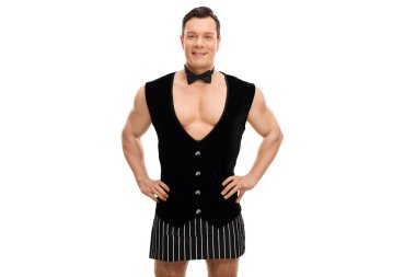 Siyah yelek ve önlük seksi barmen 