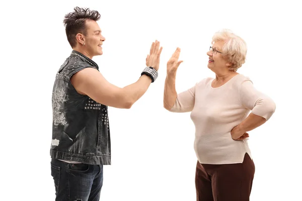 Punk and his grandma doing a high five — Stock Photo, Image