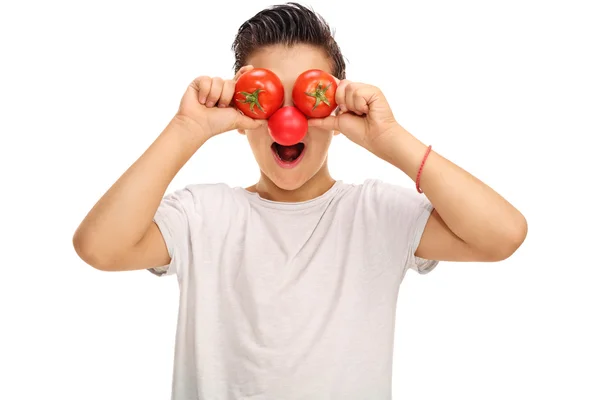 Kid with a red nose and tomato eyes — Stock Photo, Image