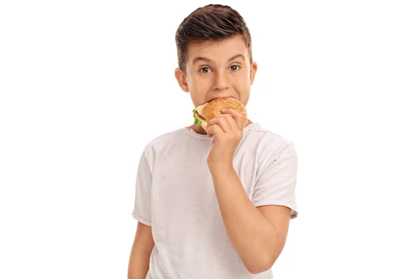 Piccolo ragazzo mangiare un panino — Foto Stock