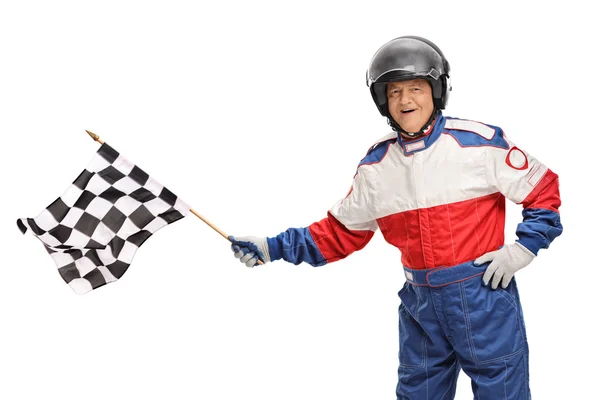 Race driver vinka en rutig flagga — Stockfoto