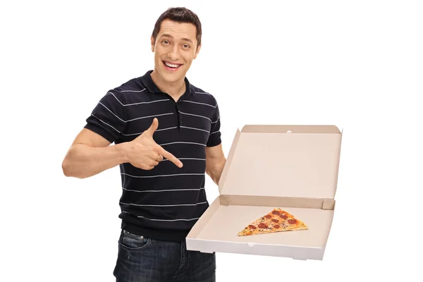 Chico alegre señalando una rebanada de pizza — Foto de Stock