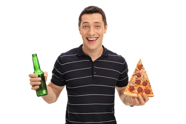 Guy holding a beer and pizza — Stock Photo, Image