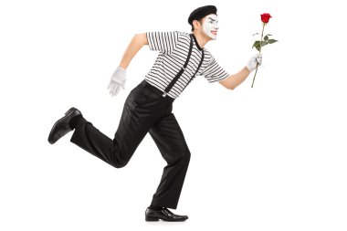 Çalışan ve bir gül çiçek tutan MIME sanatçı