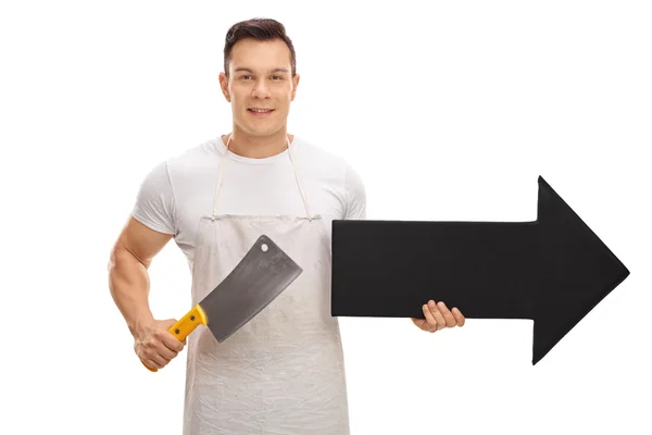 Butcher holding a cleaver and an arrow — Stock Photo, Image