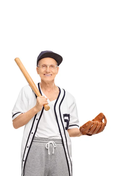 Senior s baseballovou pálkou a rukavice — Stock fotografie