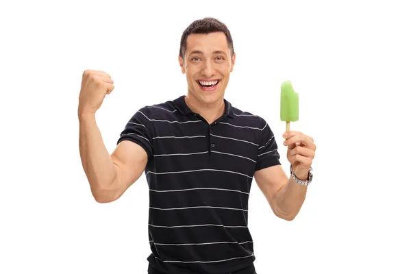 Man holding an ice cream and gesturing — Stock Photo, Image