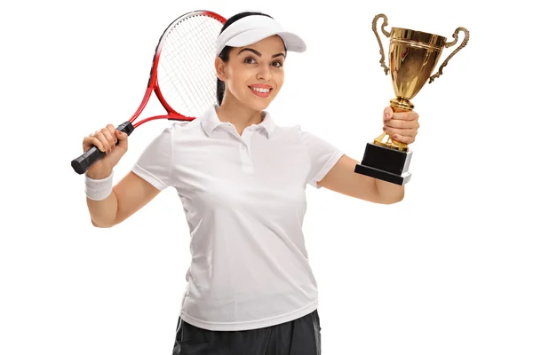 Female tennis player holding a gold trophy — Stock Photo, Image