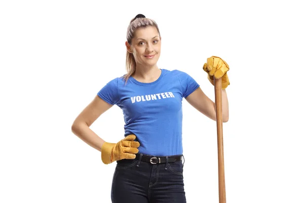 Young Female Volunteer Standing Shovel Isolated White Background — Stock Photo, Image