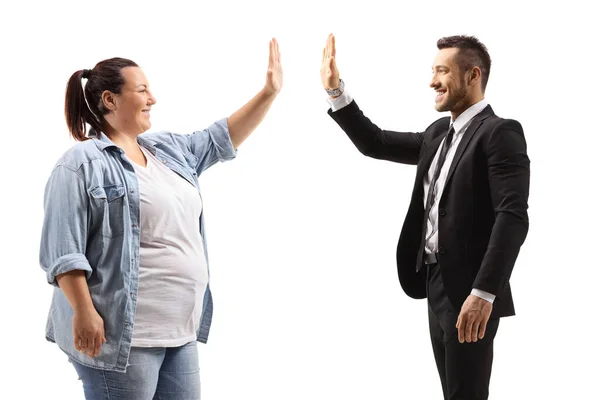 Korpulent Kvinna High Fiving Man Kostym Isolerad Vit Bakgrund — Stockfoto