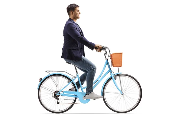 Фотография Молодого Человека Голубом Велосипеде Белом Фоне — стоковое фото