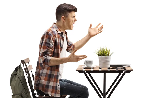 Ragazzo Arrabbiato Caffè Gridando Isolato Sfondo Bianco — Foto Stock