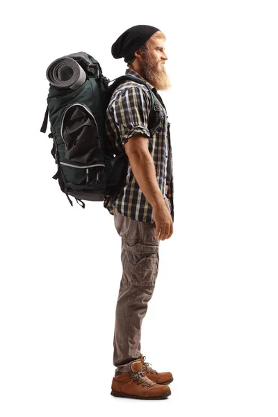 Full Length Profile Shot Bearded Guy Hiker Backpack Isolated White — Stock Photo, Image
