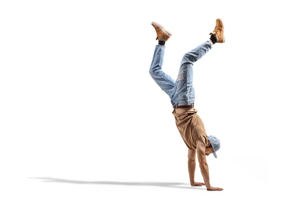 Chico Jeans Realizando Soporte Mano Aislado Sobre Fondo Blanco —  Fotos de Stock