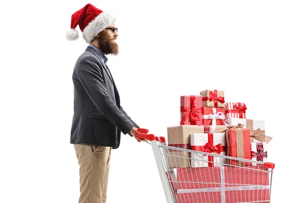 Man Santa Claus Hat Pushing Shopping Cart Full Presents Isolated — Stock Photo, Image