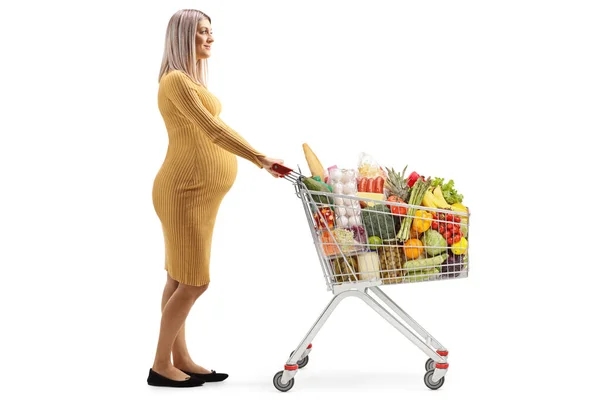 Hamile Bir Kadının Beyaz Arka Planda Izole Edilmiş Yiyeceklerle Alışveriş — Stok fotoğraf