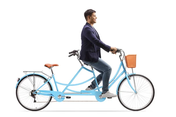 Hombre Montando Una Bicicleta Tándem Solo Aislado Sobre Fondo Blanco — Foto de Stock