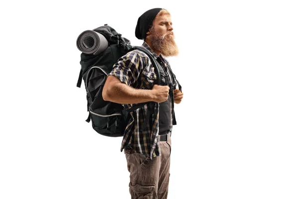 Бородатий Чоловік Ходить Рюкзаком Ізольовано Білому Тлі — стокове фото