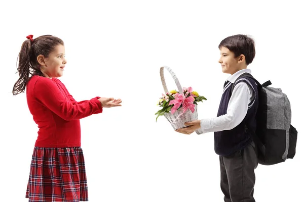 Boy Giving Basket Flowers Little Girl Isolated White Background — Stock Photo, Image