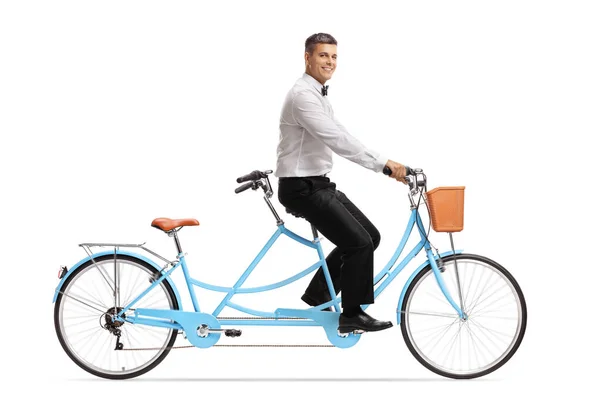 Full Length Profile Shot Smiling Groom Riding Tandem Bicycle Alone — Stock Photo, Image