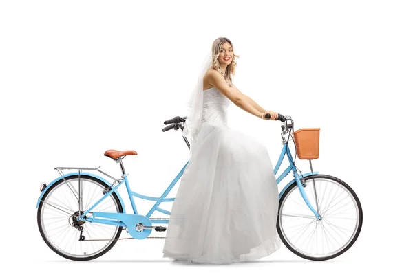 Full Length Shot Beautiful Bride Riding Tandem Bicycle Smiling Camera — Stock Photo, Image