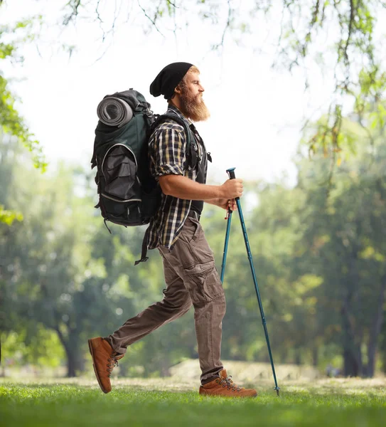 Foto Figura Intera Giovane Escursionista Barbuto Con Zaino Bastoni Trekking — Foto Stock