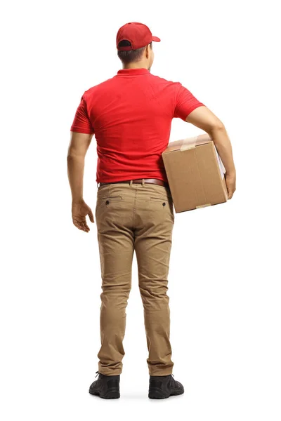 Rear View Shot Delivery Man Cardboard Box Isolated White Background — Stock Photo, Image