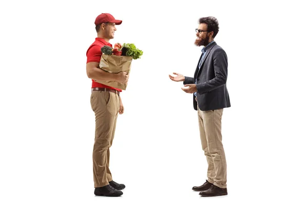 Full Length Profile Shot Delivery Guy Delivering Grocery Bag Bearded — Stock Photo, Image