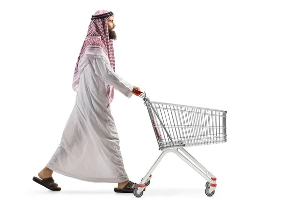 Vollständige Profilaufnahme Eines Arabischen Mannes Der Einen Leeren Einkaufswagen Isoliert — Stockfoto