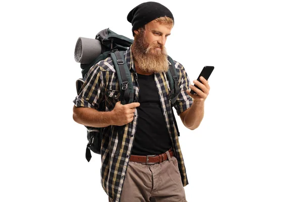 Bearded Man Hiker Typing Mobile Phone Isolated White Background — Stock Photo, Image