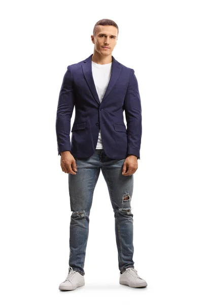 Ganztägige Profilaufnahme Eines Fitten Jungen Mannes Zerrissenen Jeans Und Anzug — Stockfoto
