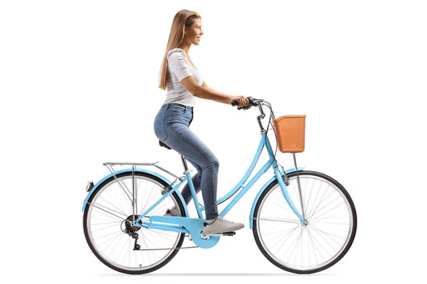 Full Length Profile Shot Young Woman Long Hair Riding Bicycle — Stock Photo, Image