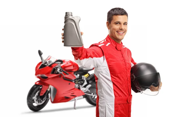 Mortorbike Racer Met Een Fles Motorolie Geïsoleerd Witte Achtergrond — Stockfoto