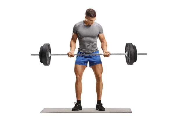 Full Length Portrait Muscular Young Man Sportswear Lifting Weights Isolated — Stock Photo, Image