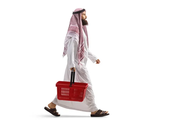 Full Length Profile Shot Arab Man Thobe Walking Shopping Basket — Stock Photo, Image