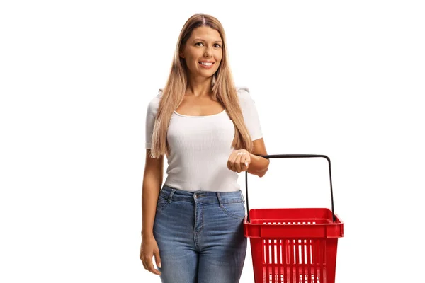 Mujer Joven Con Pelo Largo Llevando Una Cesta Compra Vacía — Foto de Stock