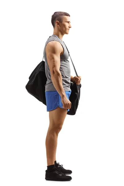Full Length Profile Shot Male Athlete Sports Bag Isolated White — Zdjęcie stockowe
