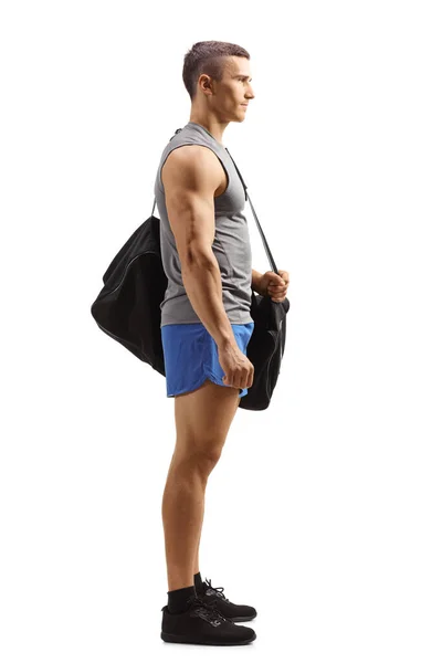 Tiro Perfil Completo Atleta Masculino Con Una Bolsa Deporte Aislada —  Fotos de Stock