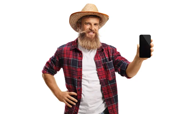 Junger Bärtiger Bauer Zeigt Smartphone Isoliert Auf Weißem Hintergrund — Stockfoto