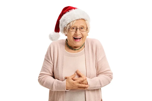 Mulher Idosa Feliz Com Chapéu Papai Noel Rindo Isolado Fundo — Fotografia de Stock