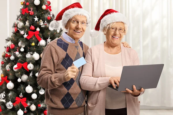 Elderly Couple Doing Christmas Shopping Online Laptop Credit Card Room — Stock Photo, Image