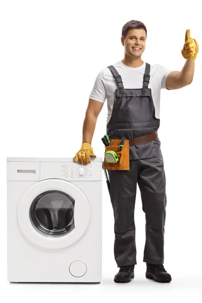 Full Length Portrait Repairman Washing Machine Showing Thumbs Isolated White — Stock Photo, Image