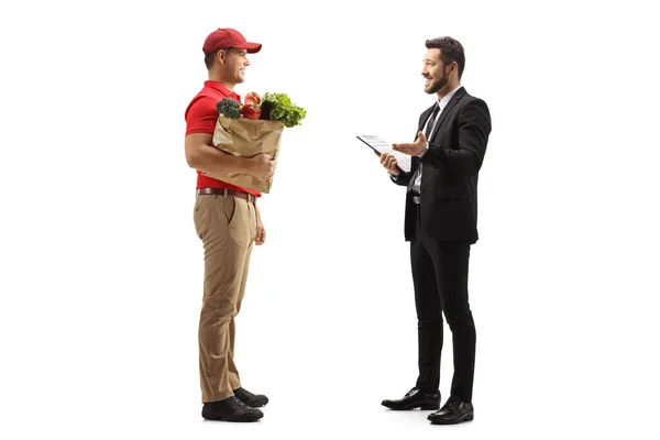 Foto Figura Intera Manager Che Parla Con Corriere Consegna Cibo — Foto Stock