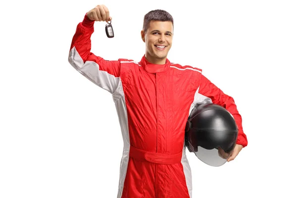 Male Racer Standing Holding Helmet Car Key Isolated White Background — Stock Photo, Image