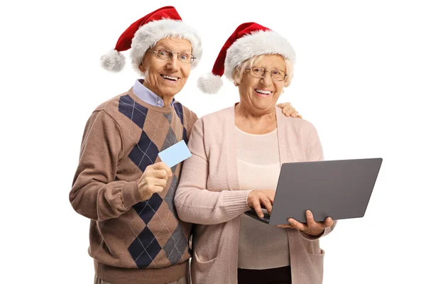 Starsza Para Robi Zakupy Online Laptopem Kartą Kredytową Święta Odizolowane — Zdjęcie stockowe