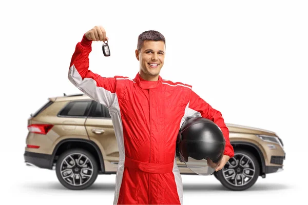 Car Racer Showing Key Front Suv Isolated White Background — Stock Photo, Image