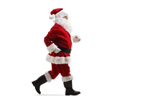 Profilo Full Length Scatto Babbo Natale Esecuzione Isolato Sfondo Bianco — Foto Stock