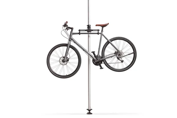 Bicicleta Cinza Para Reparo Pendurado Suporte Isolado Fundo Branco — Fotografia de Stock