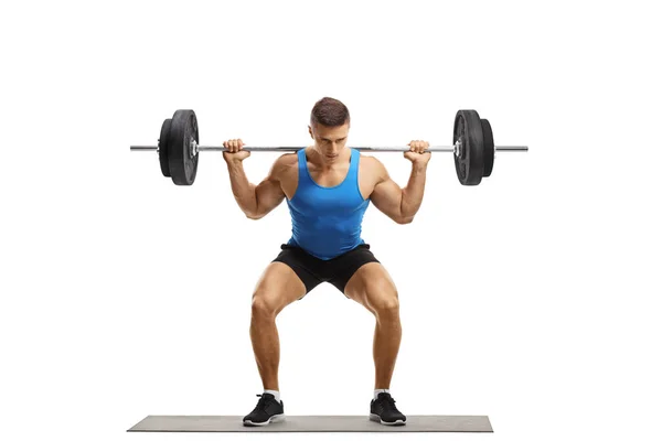 Retrato Completo Joven Fuerte Entrenando Con Pesas Aisladas Sobre Fondo —  Fotos de Stock