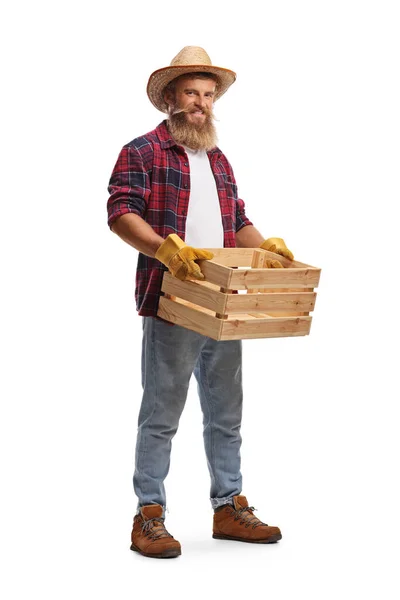 Baard Man Boer Met Een Lege Houten Krat Geïsoleerd Witte — Stockfoto